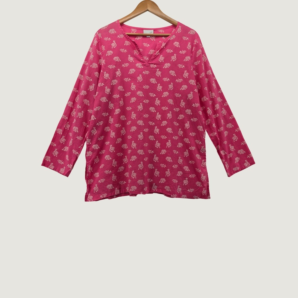 J. Jill Pink Cotton Animal Print Tunic Top Elephant Camel Fish L Long Sleeve L